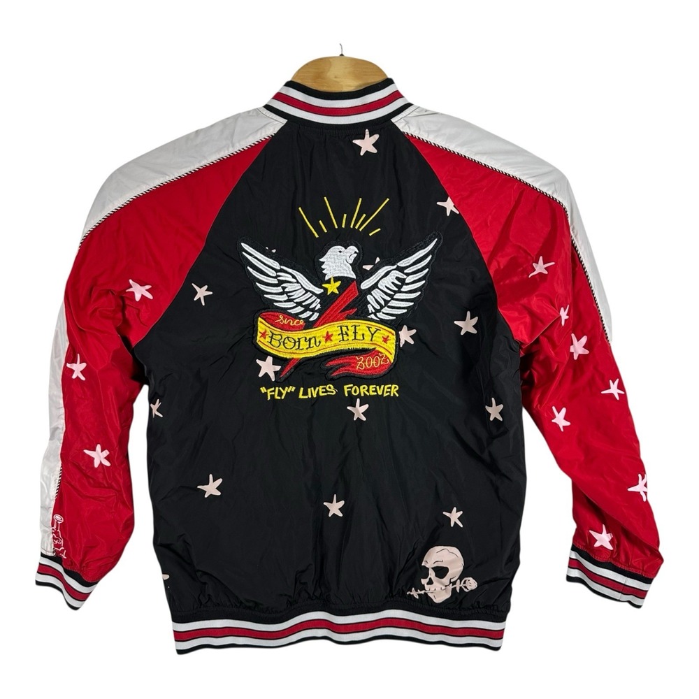 Born Fly Bomber Jacket Size XL Skulls Embroidered Eagles‎ Stars Biker Grunge